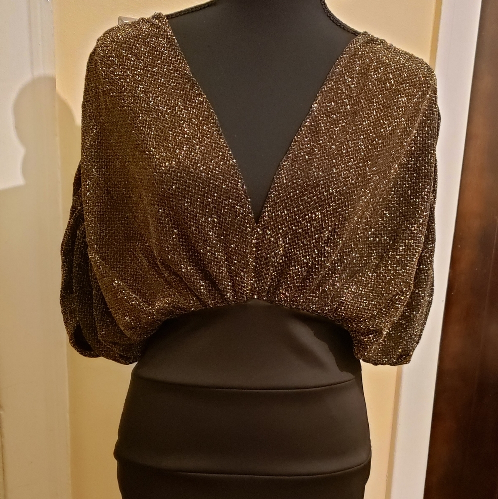 Gracie  - Black with metallic gold ruched sleeves mini dress